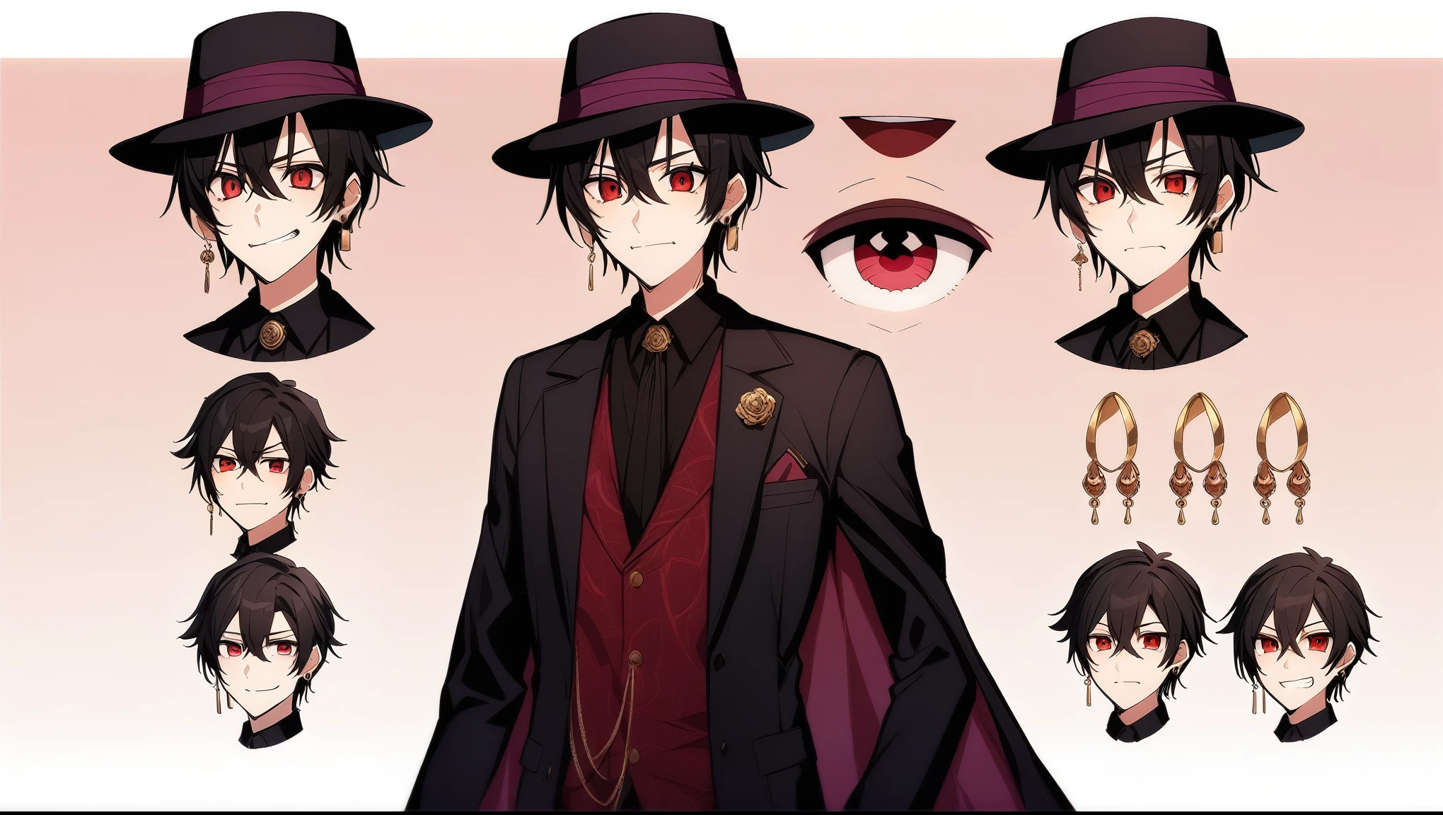 Create a 2D anime character design for a VTuber. The character should be a 26-year-old tall male , red eyes . He has black hair and wears a black Trilby hat and purple gravate. He dressed in a black redish suit and wears long gold earrings and brown shoes . The design should include expressions such as happy, surprised, and angry