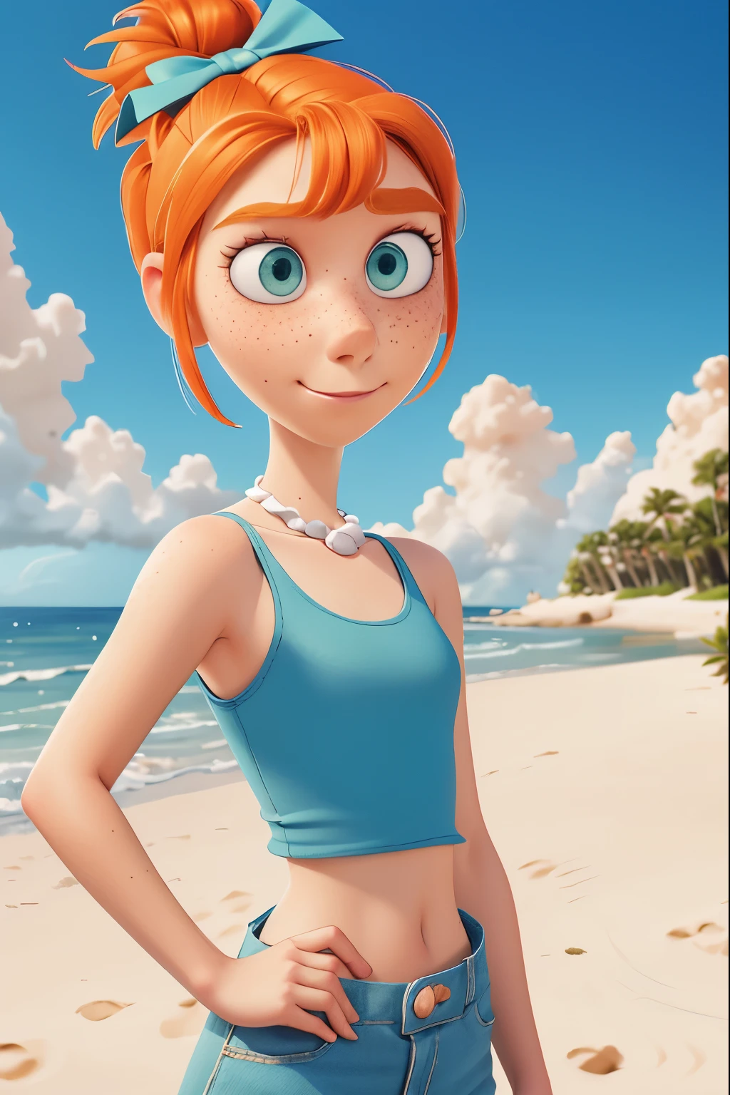 1girl, Orange hair in a bun, green eyes, slight smirk, freckles on cheeks, thin eyebrows, white necklace with a bow, blue tank top, pale skin, standing, cartoon, (pixar:1.2), Lucy Wilde, ocean, sand, palms, long nose, fringe, 19 years old