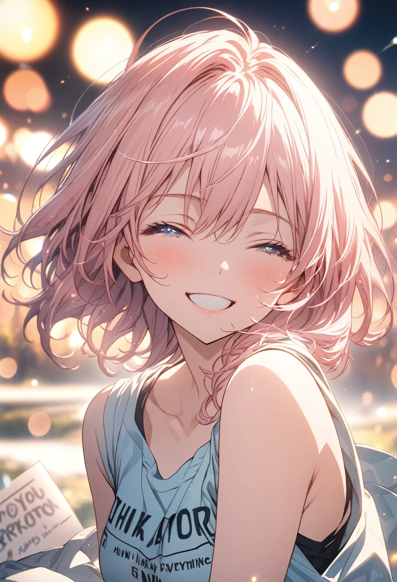 masterpiece, Highest quality, Highly detailed CG Unity 8k wallpaper, High School Girl Anime Illustration. Wear an oversized tank top、she holds a sign that says, "Thank you for everything, 500 followers," in black text, she has her eyes closed and mouth open, smile. The background is a light pastel colored landscape., Pink hair color, blue eyes, Bokeh, (Soft Focus):1.2, Out of focus highlights, Dreamy atmosphere, Glowing circle, Fascinating Depth, The background is also realistic