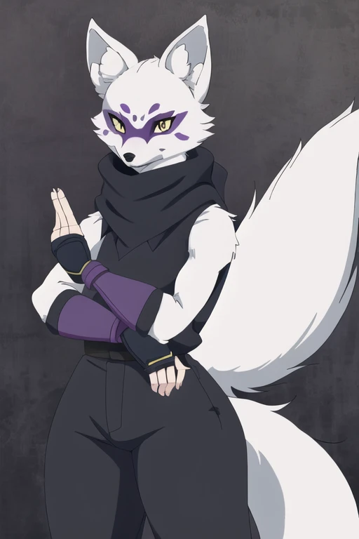 Alopex, arctic fox, furry character, purple mark eyes, tmnt, yellow eyes, 1girl, solo, kunoichi outfits, fox ears, black scarf, fingerless gloves, ninja pants, Masterpiece, Best Quality, Detail,