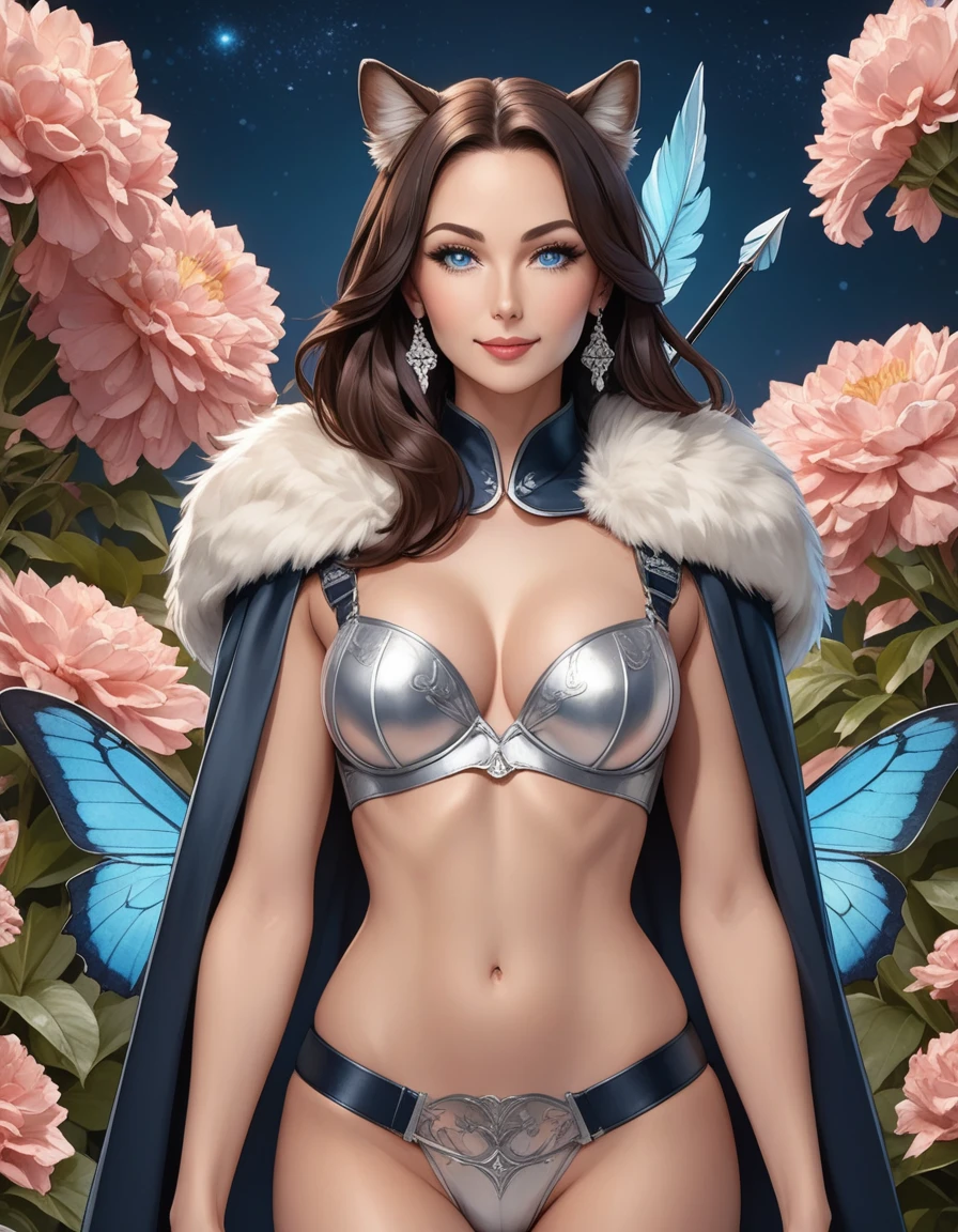 Solo, Score_9, score_8_up, score_7_up, mature woman, athletic hourglass figure, slightly toned, strong legs, long curly dark hair, pink lipstick, eye shadow, wearing metal shoulder armor, fur shoulder cape, fur gloves with leather, brow fur chest wrap, chest covered in a fur wrap fur bra,, exposed abs, fur waist wrap, bow and arrow on back, posed in front of elegant flower garden , magic runic tattoos with blue glow on abs and upper chest, modest bust, visible arms, portrait image, facing user, smile, loving.