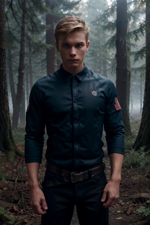 Ned Banks, Tyler Patrick Jones, Teen Wolf, military, 18 years old, short blonde hair, slim and muscular build, blue eyes, open red jacket, black short-sleeved shirt, black belt, black jeans, black combat boots, hanging wolf, forest background with fog