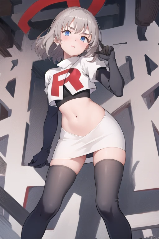 masterpiece, best quality, absurdres, perfect antomy, 1girl, solo, Itsumi Erika, bangs, team rocket,team rocket uniform,white skirt,red letter R,crop top,black thigh-highs,black elbow gloves