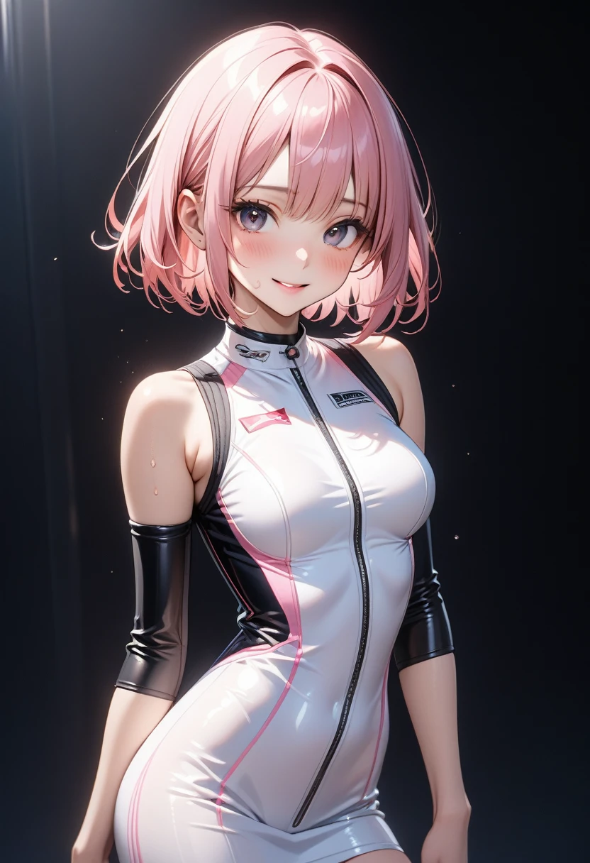 (((Racer suit, skirt))), ((Very shiny outfit)), skindentation, skinny, solo, 1 woman, Masterpiece, highest quality, highest quality, 16K, incredibly absurd, highly detailed, 2.5D, ai-generated, delicate and dynamic, very delicate facial expressions, delicate eye depiction, erotic, only sexy woman, ((A cute and kind face)), healthy figure, ((25-year-old woman)), 160cm tall, ((medium firm swaying bust)), medium breasts, (short hair), (pink hair:1.5), bob cut, black eye, blush, Sweat,Embarrassed,sexy, ((thin thighs)), (camel toe:0.7), (visible nipples:0.5), (Erect nipples,:0.7), shiny and lustrous, facing straight at viewer,  smile, ((Oily_skin)), dark skin, ((standing)), ((arm at side)), ((erotic pose)),