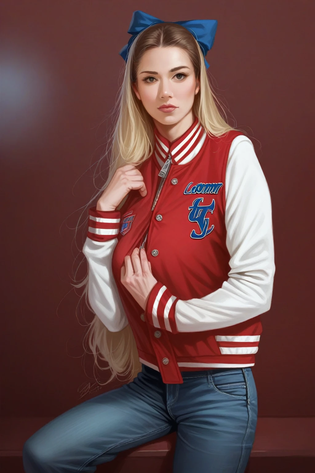 realistic,score_9, score_8_up, score_7_up, cinematic photo Mid-shot portrait of a beautiful ((ohwx woman)) in her 30s in letterman jacket and jeans, Jordan Carver with long hair and blue bow in hair, candid street portrait in the style of Martin Schoeller award winning, Sony a7R . 35mm photograph, film, bokeh, professional, 4k, highly detailed, lips (blowing clear ((gigantic)) bubblegum), big breasts