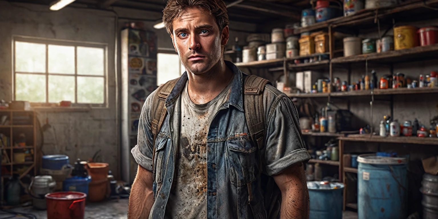 a full-length man with brown hair, holding a spray in his hand, fair skin, wearing dirty clothes, doing pest control inappropriately in a dirty garage, with bugs, rats and bats around. (best quality, 4k, 8k, high resolution, masterpiece: 1.2), ultra detailed, (realistic, photorealistic, photorealistic: 1.37), HDR, UHD, studio lighting, ultra-fine painting, sharp focus, based rendering physics, extreme detail depiction, professional, vivid colors, bokeh, detailed eyes, detailed lips, extremely detailed eyes and face, long eyelashes, photorealism, cinematic lighting, dramatic shadows, high contrast, gritty, dirty, messy, rustic, industrial