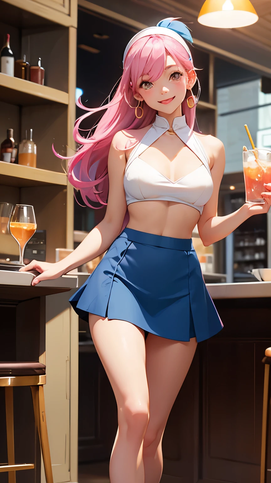 topless girl waitress, busy cafe, holding tray of drinks in one hand, running, smiling, blue mini-skirt, small breasts exposed, pink hair band, long silky black hair, gold earrings, white stockings, ultra-transparant pink sports bra