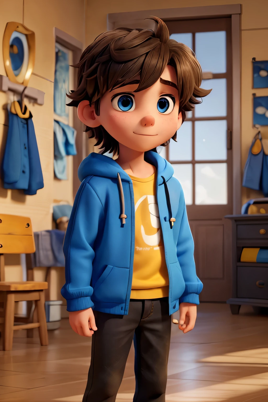 a young boy with messy hair, striking blue eyes, a tired expression with slightly hooded eyes, a gentle smile, a slightly square chin, a slim build, wearing stylish clothes in yellow and black