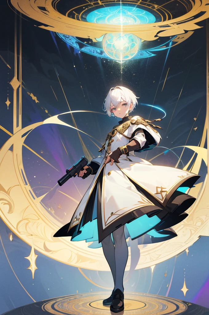 (absurdres, highres, ultra detailed, HDR), masterpiece, best quality, solo, a boy holding gun, magic gun, intricate gun, handsome, short hair, white hair, leather outfit, BREAK, Detailed face, dark persona, light persona, fractal, full body, ceiling, artistic background, Bio-luminescence, geometric, Organic, blessing, favor, exalted, fantasy, celestial, sublime, noble, unfolding, unraveling, spiritual, dignified, magic circle, look at viewer