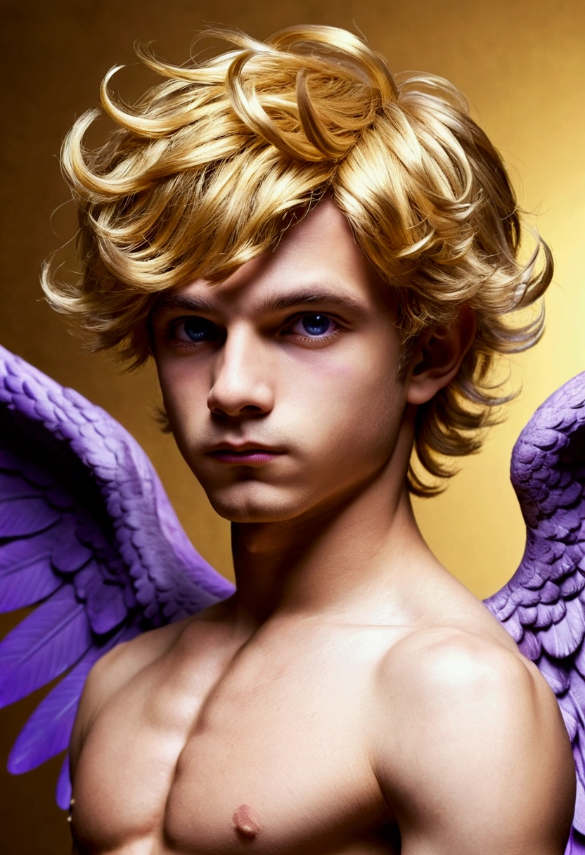 A male cupid of love Eros gold hair and violet eyes, he have bright wings