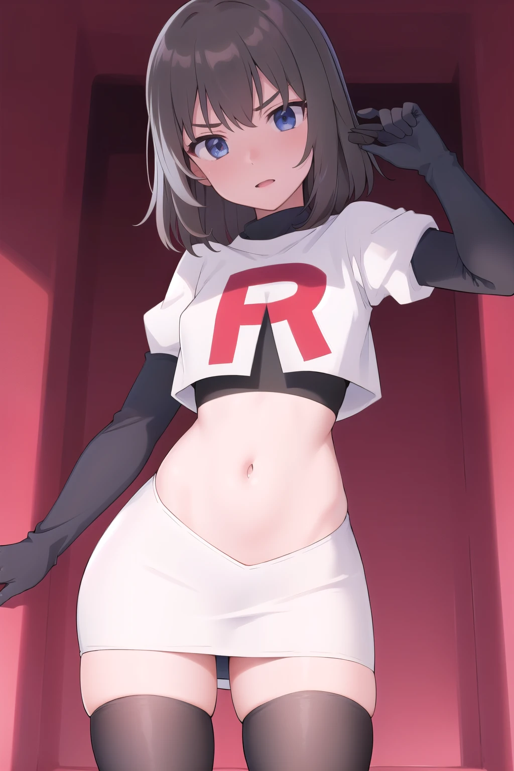 masterpiece, best quality, absurdres, perfect antomy, 1girl, solo, Itsumi Erika, bangs, team rocket,team rocket uniform,white skirt,red letter R,crop top,black thigh-highs,black elbow gloves