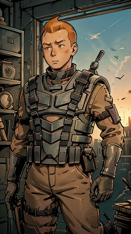 (Teens:1boy: Tintin), (extremely detailed CG unit 8k wallpaper),(master part), (best quality), (ultra detail), (best illustration),(melhor ombre), cowboy shot, (Sharp eyeliner, ombre, detail eyes:1), post apocalyptic interiors background, ,break , (starship troopers armor), upper body, short hair, dark orange hair