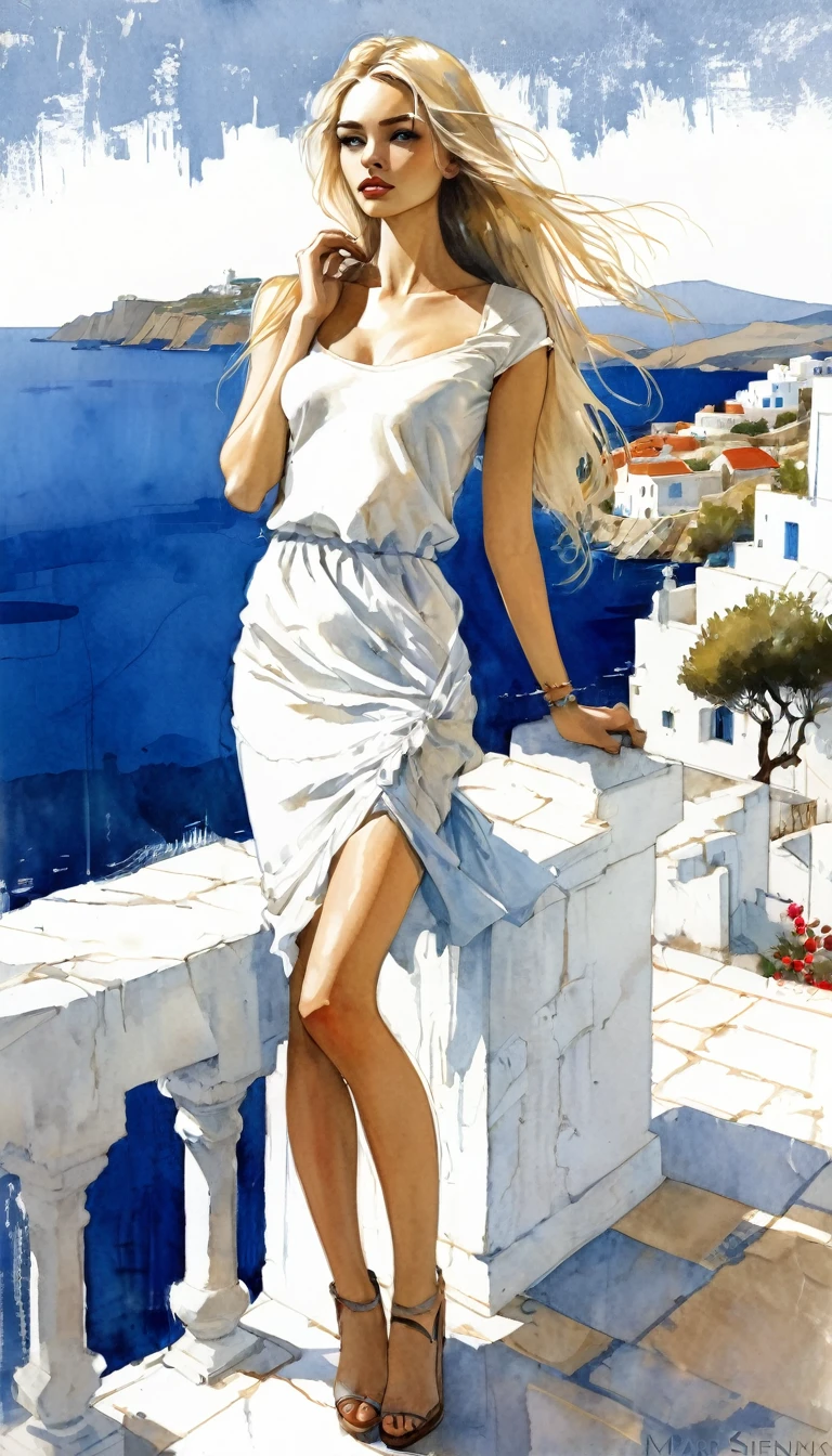 eroticism, sexy, transparent nightgown, luxurious room, open terrace overlooking typical Greek village, tmari, sketch, traditional media, pen drawing, white background (art inspired by Bill Sienkiewicz). oil painting)
