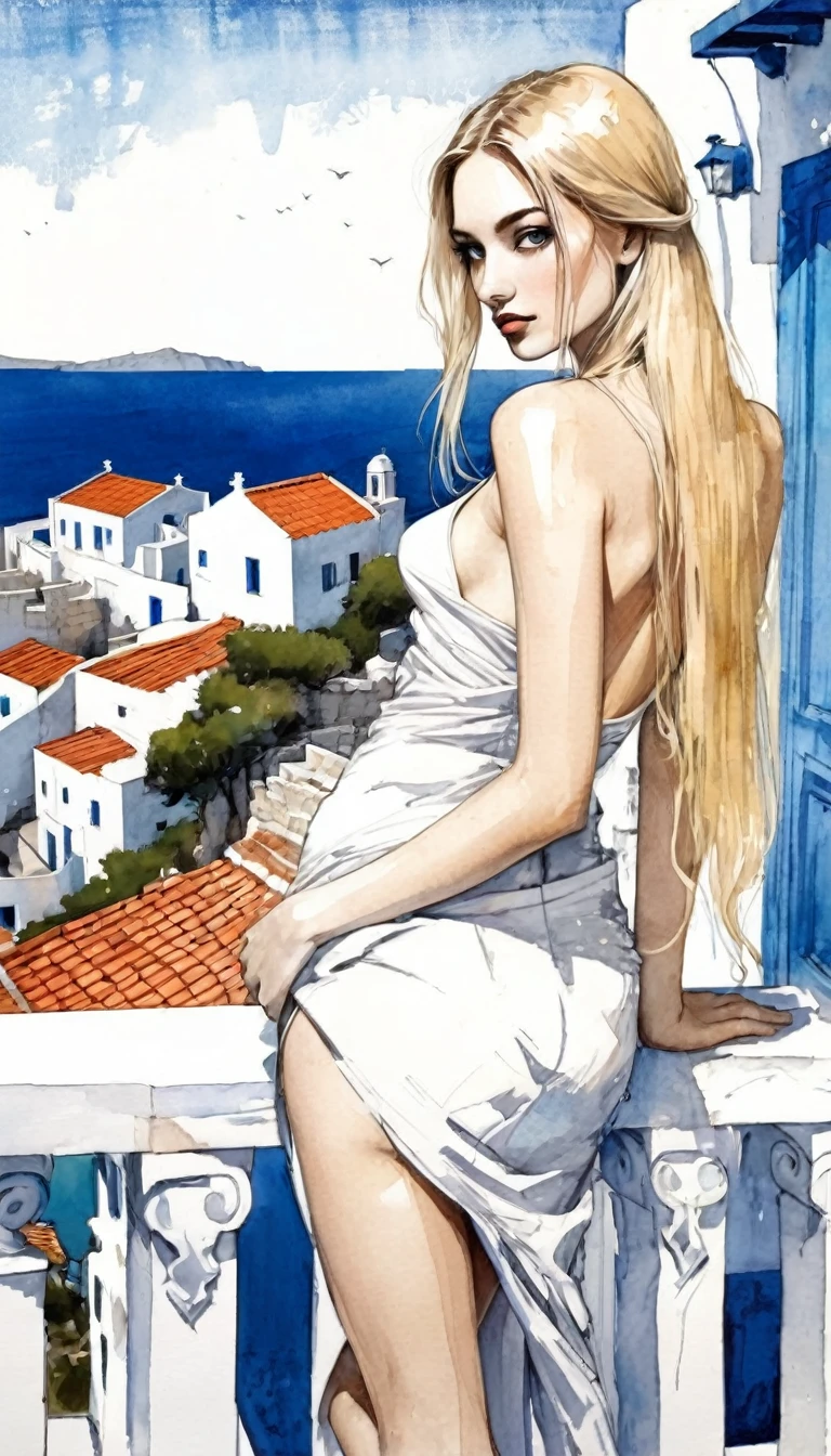 surrealism, very sexy girl, long blonde hair, very small breasts, on a terrace with a beautiful view of a typical Greek village with sea, tmari, sketch, traditional media, pen drawing, white background (art inspired by Bill Sienkiewicz) . oil painting)