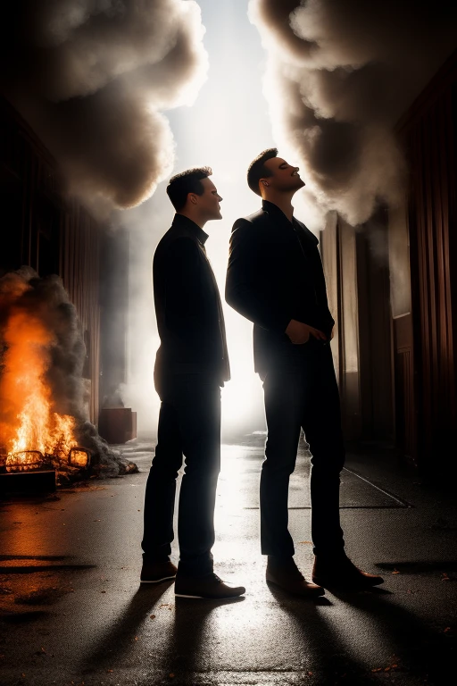 Create a cover for a book with a gay couple in the background and smoke rising from the floor
