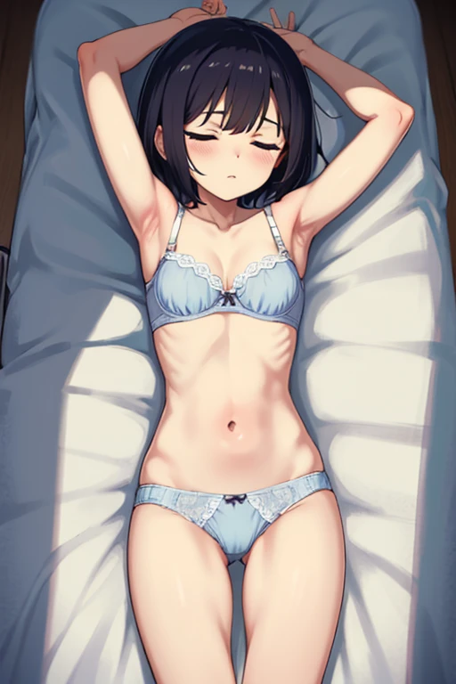 8k perfect anatomy short hair cute black hair small breasts armpits sleeping in hospital bed bare legs arms close to legs underwear bra