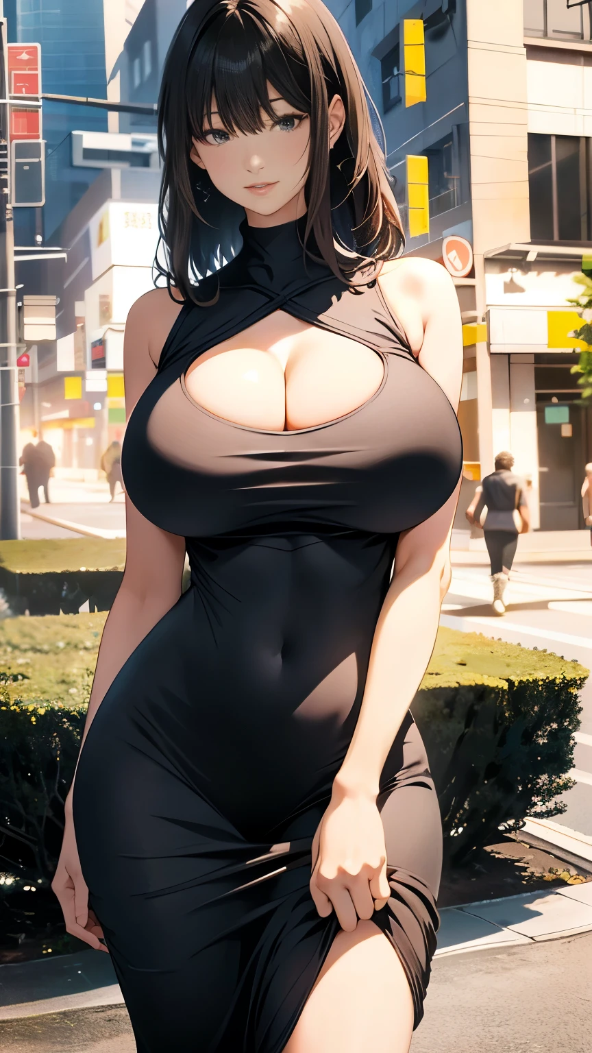 irrational solution, High resolution, The perfect human body、Accurate human body、Detailed bokeh background、(masterpiece:1.4), ((Huge breasts:1.6)), ((On all fours))、 Very detailed, One Girl, Brown eyes, Long black hair，Wear a tight sleeveless white knit long dress, street,Sexy posture, The camera is close to the body、(night:1.5), Beautiful lips and eyes):1.5