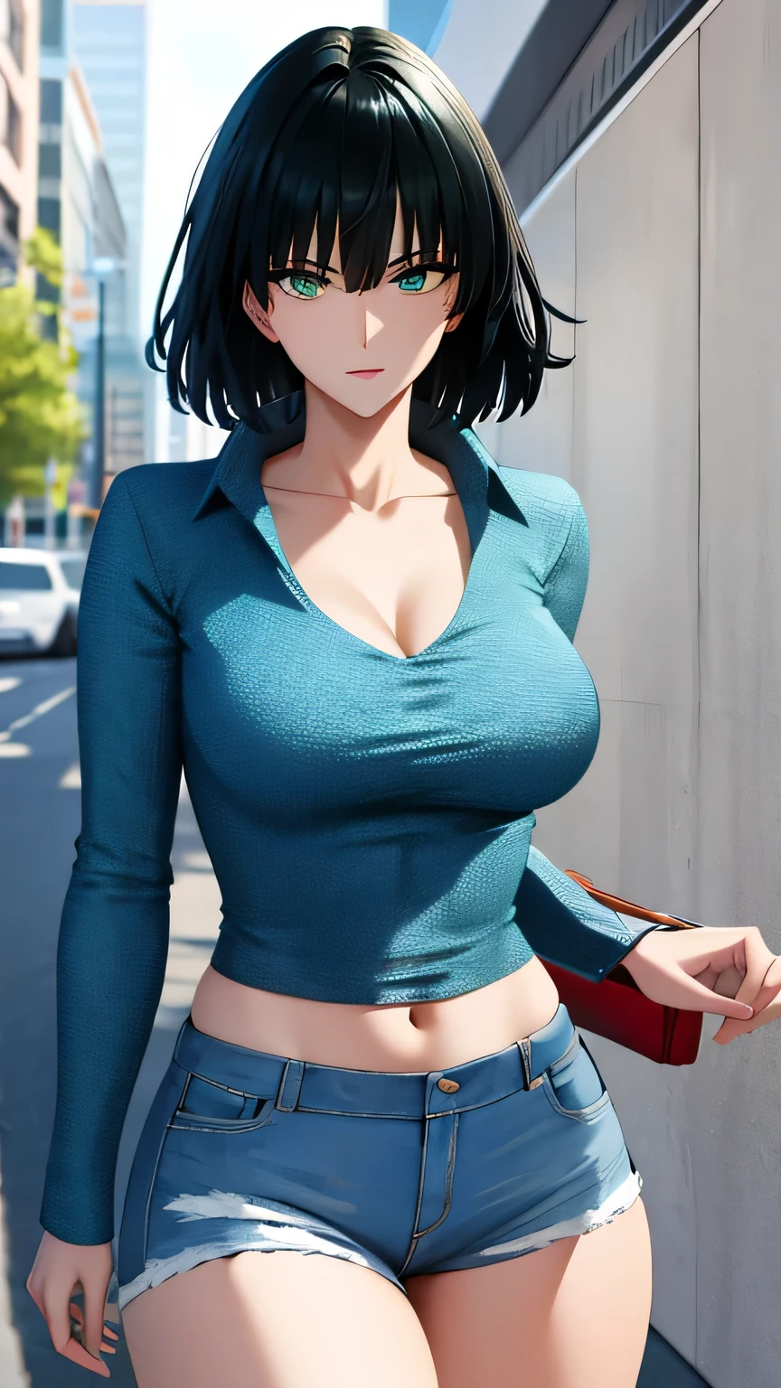 fubuki, fubuki, Black hair, (Green eyes:1.2), Short hair,Large breasts，cleavage，
BREAK shirt, white shirt, short shirt, crop shirt, navel, denim, short denim, hot pants,,
BREAK outdoors, City,
BREAK looking at viewer, Break (Masterpiece:1.2), Best quality, high resolution, Unity 8k wallpaper, (illustration:0.8), (Beautiful detailed eyes:1.6), Extremely detailed face, Perfect lighting, Extremely detailed CG, (Perfect hands, Perfect anatomy),