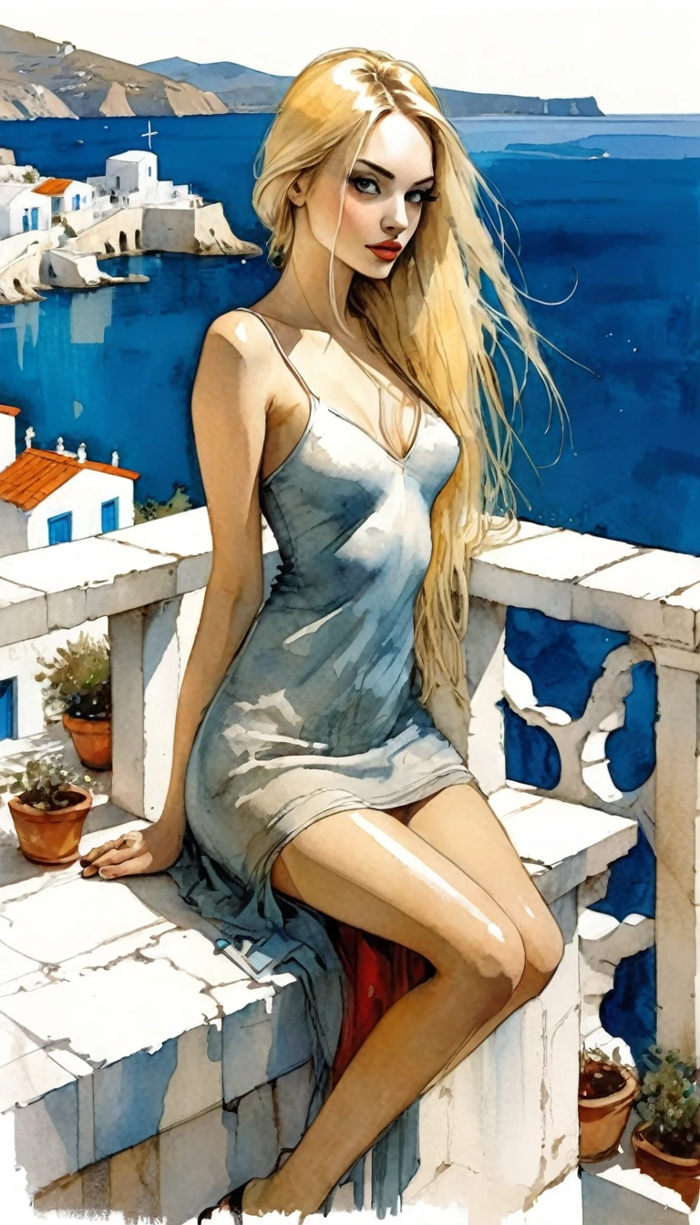 surrealism, very sexy girl, long blonde hair, very small breasts, on a terrace with a beautiful view of a typical Greek village with sea, tmari, sketch, traditional media, pen drawing, white background (art inspired by Bill Sienkiewicz) . oil painting)