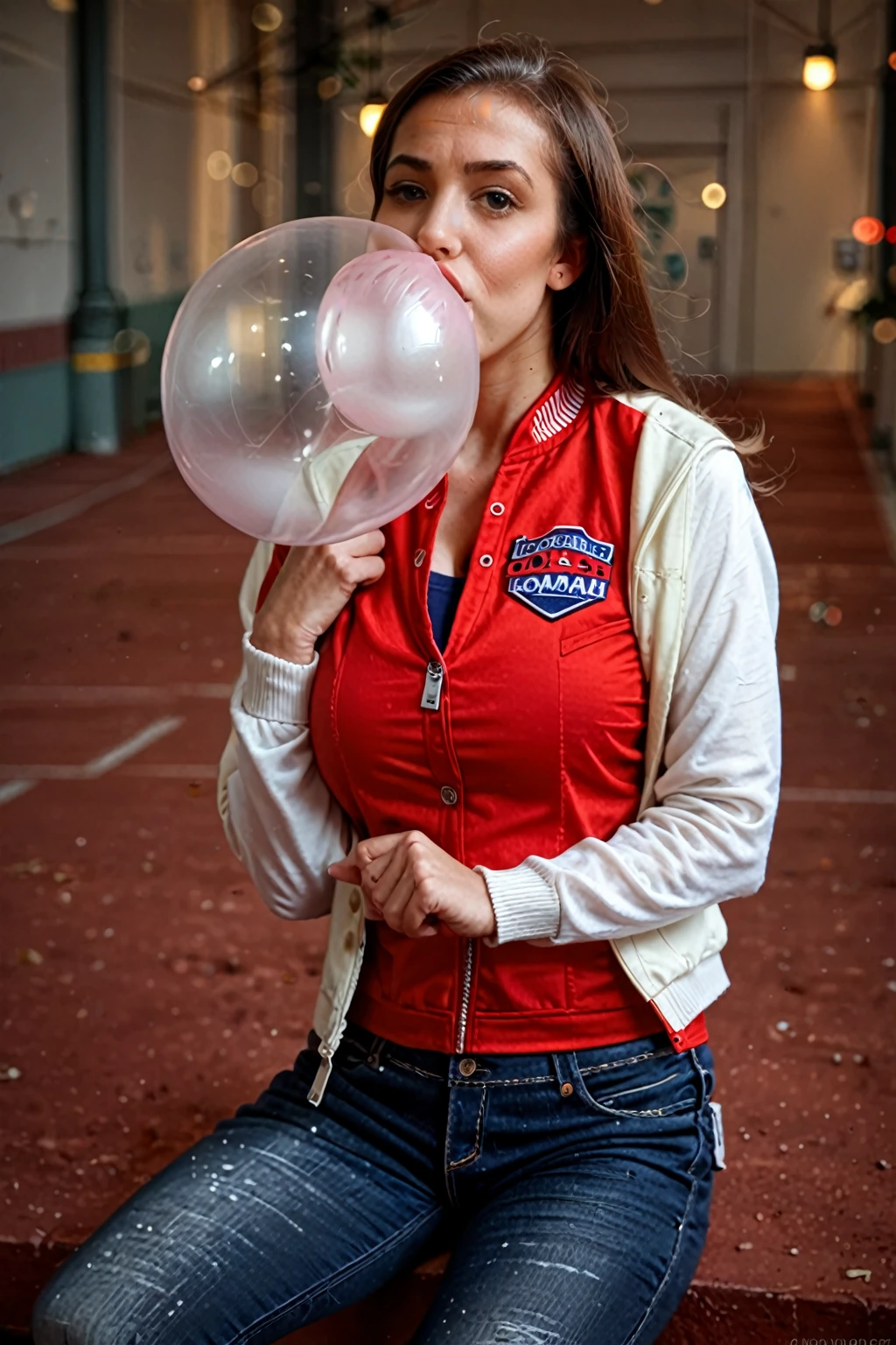 realistic,score_9, score_8_up, score_7_up, cinematic photo Mid-shot portrait of a beautiful ((ohwx woman)) in her 30s in letterman jacket and jeans, Jordan Carver with long hair and blue bow in hair, candid street portrait in the style of Martin Schoeller award winning, Sony a7R . 35mm photograph, film, bokeh, professional, 4k, highly detailed, lips (blowing clear ((gigantic)) bubblegum), big breasts