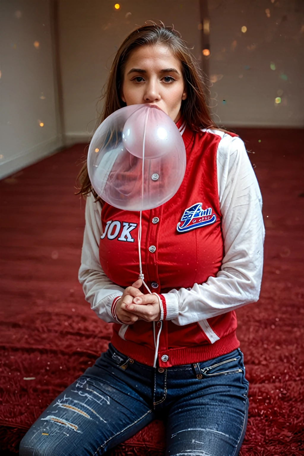 realistic,score_9, score_8_up, score_7_up, cinematic photo Mid-shot portrait of a beautiful ((ohwx woman)) in her 30s in letterman jacket and jeans, Jordan Carver with long hair and blue bow in hair, candid street portrait in the style of Martin Schoeller award winning, Sony a7R . 35mm photograph, film, bokeh, professional, 4k, highly detailed, lips (blowing clear ((gigantic)) bubblegum), big breasts