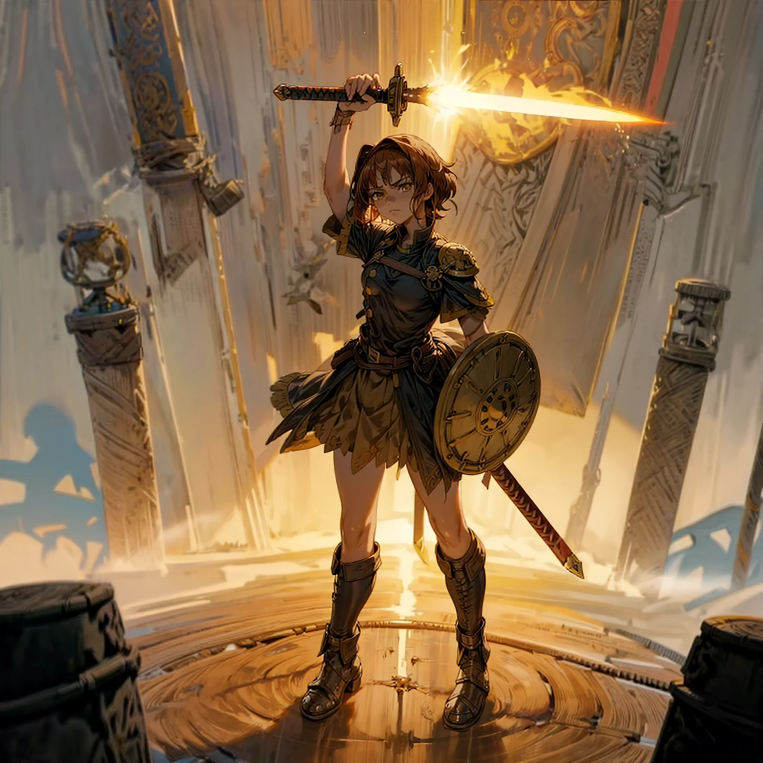 Solo character, girl, full body version, brown hair, short haircut, yellow eyes, Ancient Roman soldier clothing, black color clothing, armors, boots, Grassroots, full background in outdoor Castle, (one piece style art), angry face, angry eyes, Gladius sword in hand, small Shield behind his back, standing battle gesture, smoke effect, fire effect, blood on background, Silhouette of sunlight behind, high angle view 