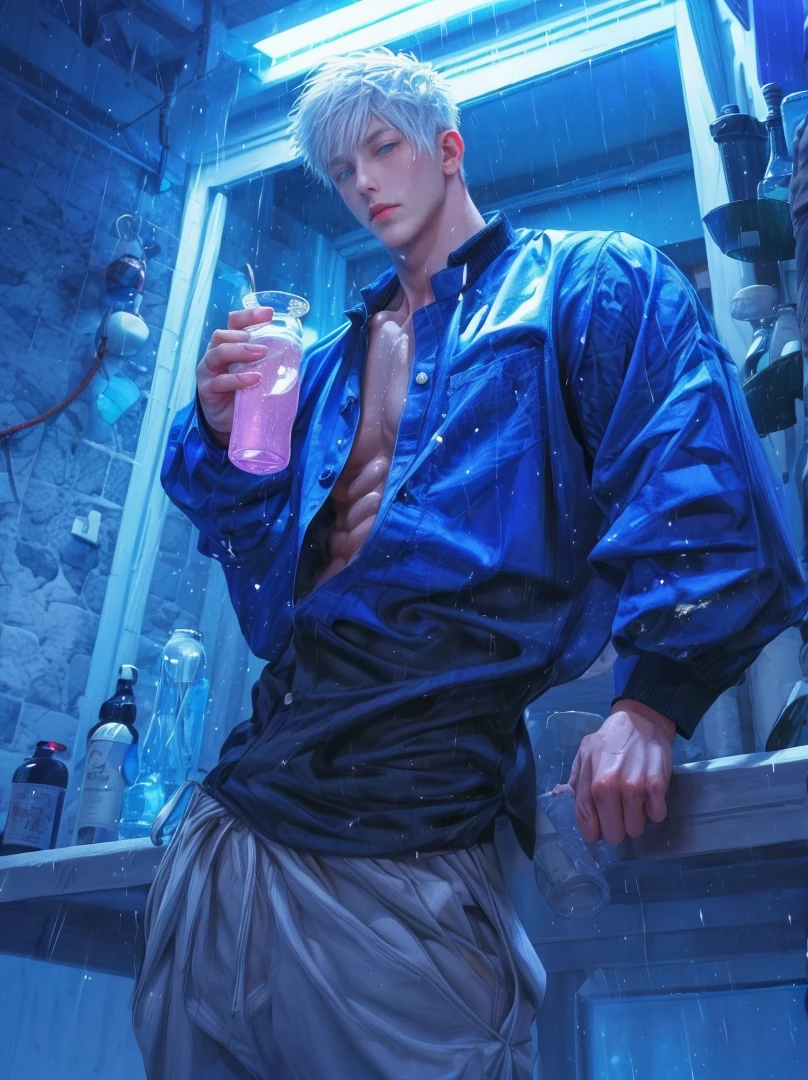 1boy, adult, handsome, perfect face, detailed eyes and face, clean shaved, sixpack realistic, white eyebrow hair, white eyelashes, dynamic lighting, unreal engine 5, hd picture, satoru gojo, white hair, short hair ,hair between eyes ,blue eyes, white skin, sweat details, rain details, hold a drinking bottle