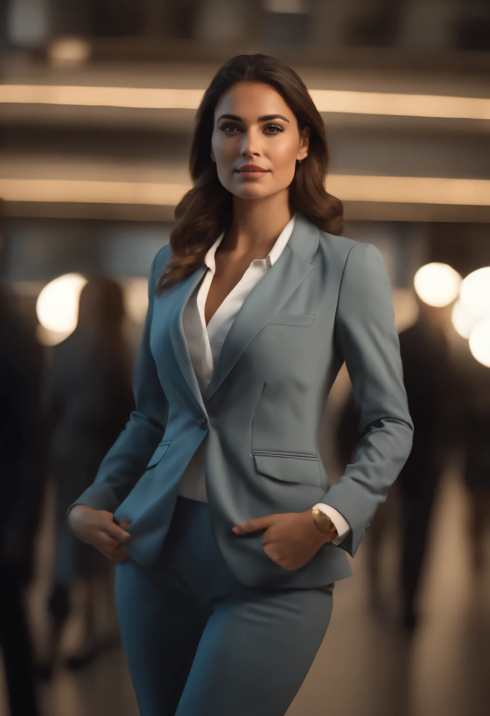 A portrait of a businesswoman in a suit and tie, in the style of Unreal Engine 5, female empowerment --ar 128:85 a woman dressed in a business suit standing in front of people, not softly lit portrait style, Ultra HD 32K, Curves thrown, youthful energy,  and amber, beautiful --ar 128:85 young businesswoman in business suit, in the style of emotionally complex, wavy --ar 128:85 A beautiful businesswoman is wearing a suit, in the style of Unreal Engine 5, sharp focus --ar 128:8 curly hair