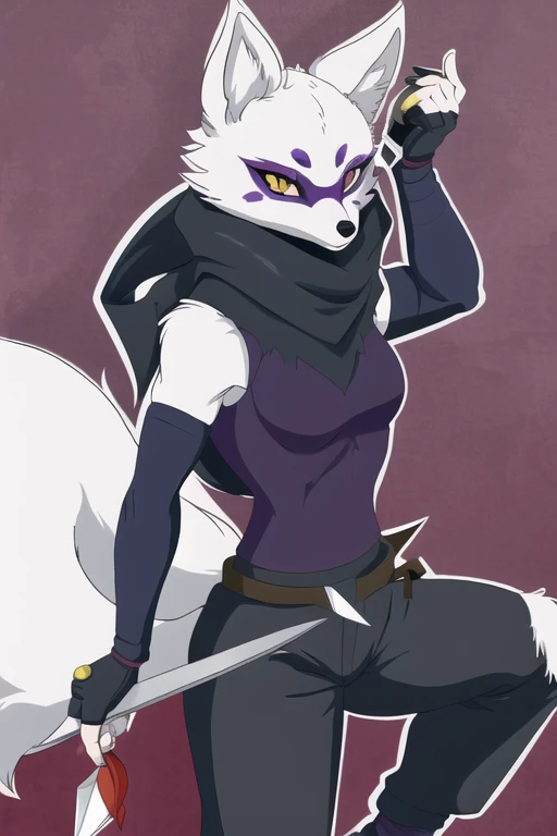 Alopex, arctic fox, furry character, purple mark eyes, tmnt, yellow eyes, 1girl, solo, kunoichi outfits, fox ears, black scarf, fingerless gloves, ninja pants, fox tail, holding kunai blade, Masterpiece, Best Quality, Detail,
