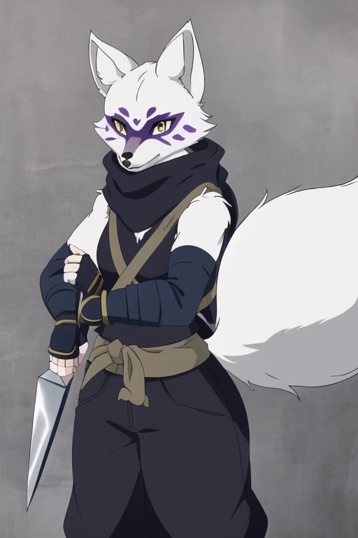 Alopex, arctic fox, furry character, purple mark eyes, tmnt, yellow eyes, 1girl, solo, kunoichi outfits, fox ears, black scarf, fingerless gloves, ninja pants, fox tail, holding kunai blade, Masterpiece, Best Quality, Detail, 