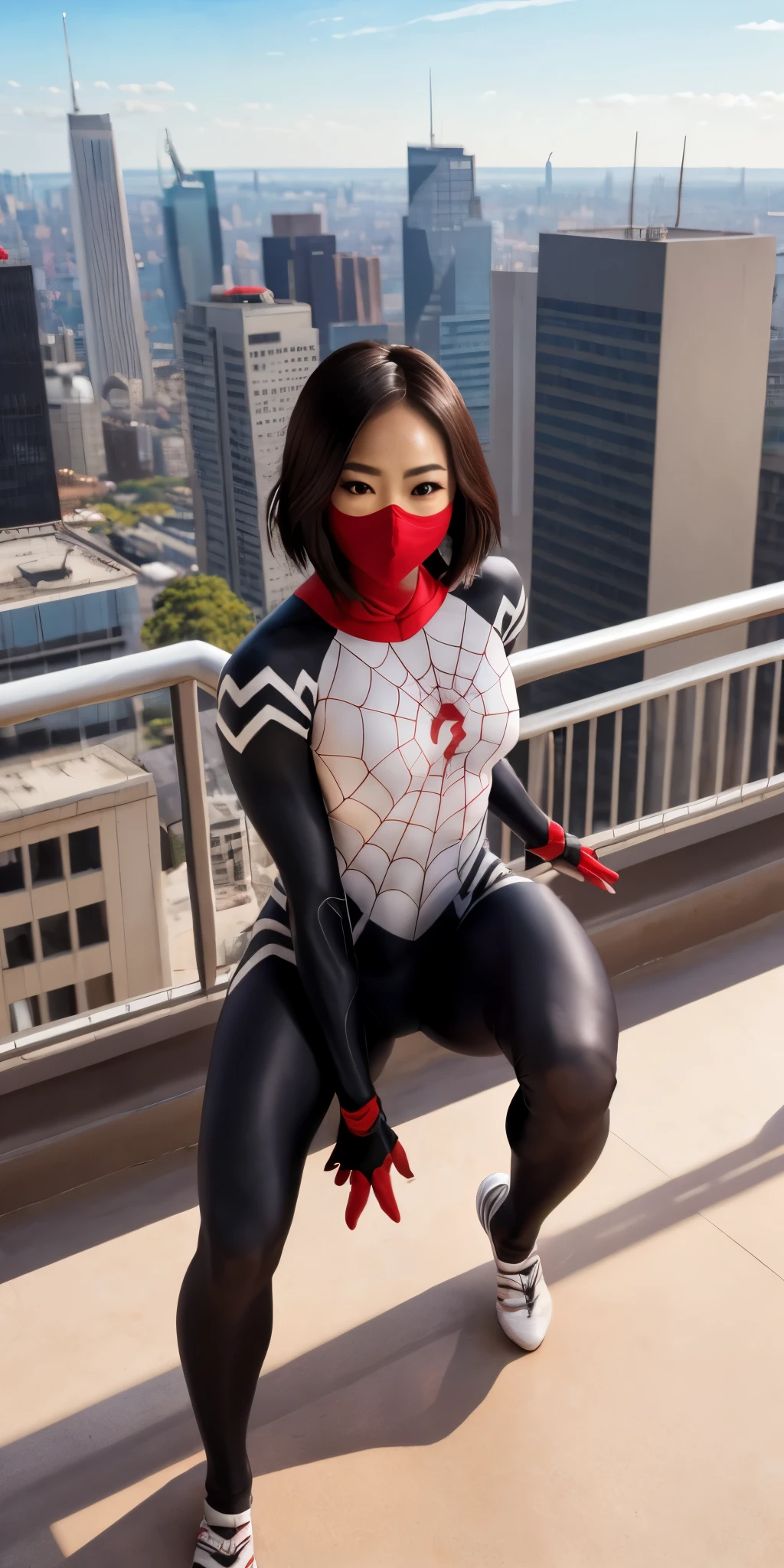 (Extreme Detail CG Unity 8K wallpaper, masterpiece, highest quality), (Exquisite lighting and shadow, highly dramatic graphics, Cinematic lens effect), (A girl in a white Spider-Man costume, from a parallel universe, city skyline in the background, dynamic pose), (excellent detail, outstanding lighting, wide angle), (excellent rendering, enough to stand out in its class)