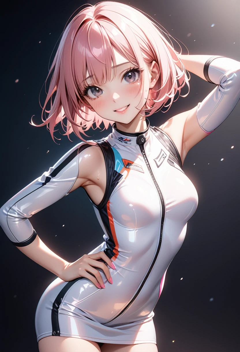 (((Racer suit, skirt))), ((Very shiny outfit)), skindentation, skinny, solo, 1 woman, Masterpiece, highest quality, highest quality, 16K, incredibly absurd, highly detailed, 2.5D, ai-generated, delicate and dynamic, very delicate facial expressions, delicate eye depiction, erotic, only sexy woman, ((A cute and kind face)), healthy figure, ((25-year-old woman)), 160cm tall, ((medium firm swaying bust)), medium breasts, (short hair), (pink hair:1.5), bob cut, black eye, blush, Sweat,Embarrassed,sexy, ((thin thighs)), (camel toe:0.7), (visible nipples:0.5), (Erect nipples,:0.7), shiny and lustrous, facing straight at viewer, smile, ((Oily_skin)), dark skin, ((standing)), ((arm at side)), ((erotic pose)),