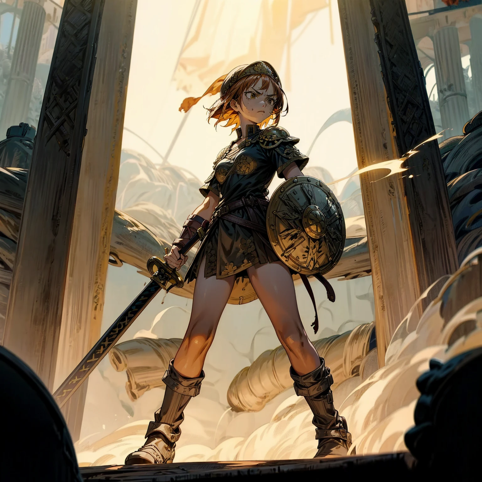 Solo character, girl, full body version, brown hair, short haircut, yellow eyes, Ancient Roman soldier clothing, black color clothing, armors, boots, Grassroots, full background in outdoor Castle, (one piece style art), angry face, angry eyes, Gladius sword in hand, small Shield behind his back, standing battle gesture, smoke effect, fire effect, blood on background