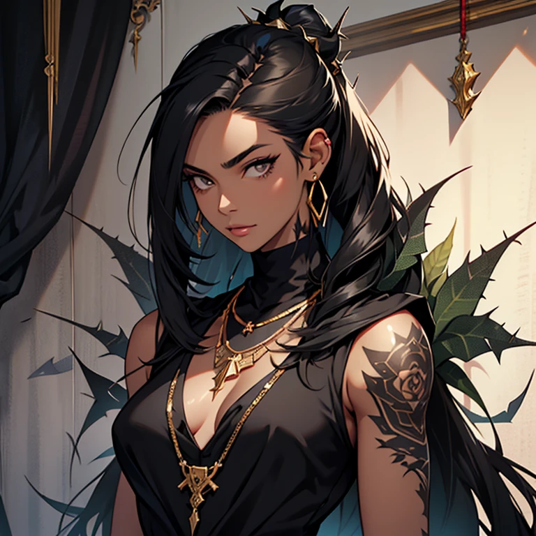 Create an image: She is a tall woman, has black hair, gray eyes and black skin. She has thorns tattooed on her neck and left arm., wears a gold necklace with a small diamond, and a black high-neck blouse