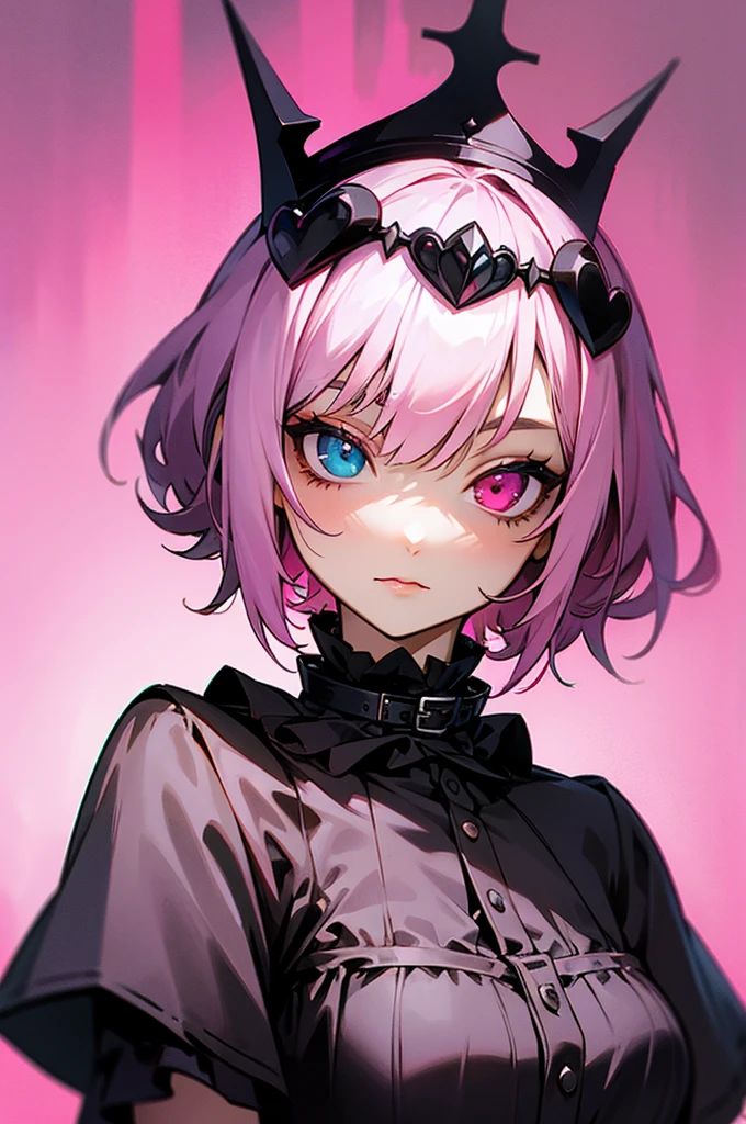 Pink hair, Heterochromia, short hair, Goth Lolita, Darkgoth, Collar,Crown tiara,pride,solo,