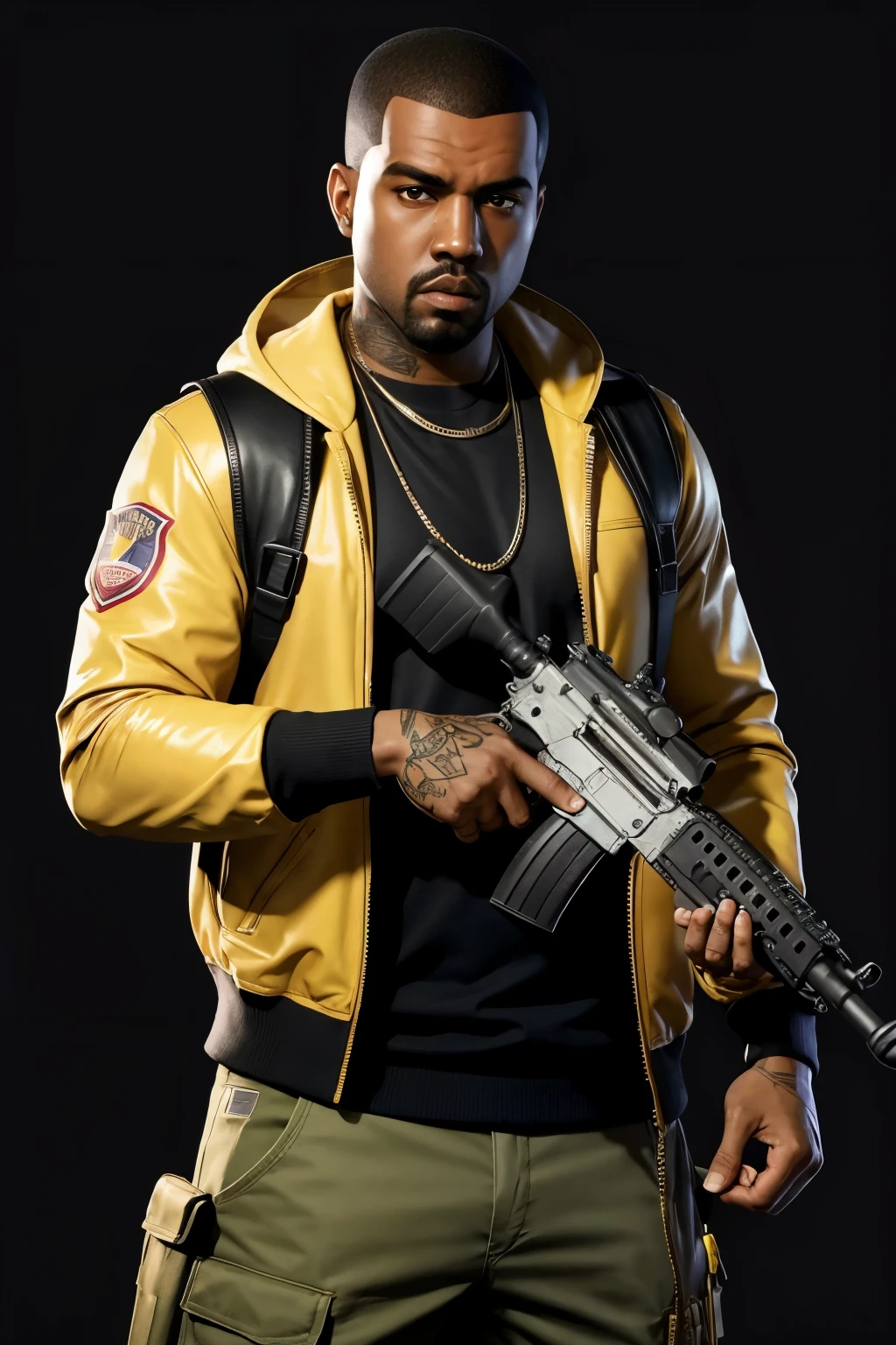 There's a man holding a gun, gta character, as the protagonist of gta 5, estilo gta V, as a character from gtav, Kanye West em GTA V, Drake em GTA V, GTA5 style, gta v character, wielding assault rifle, Snoop Dogg em GTA V, gta 5 skin tone, Bblack hair, fundo cinza. darkness background, no back ground