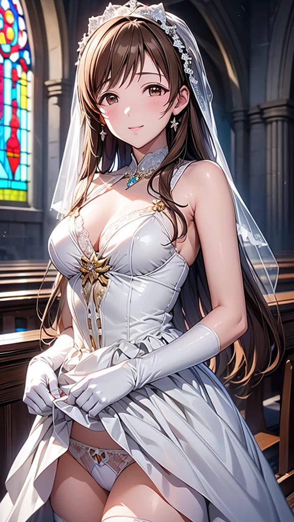 Highest quality、high resolution、High definition、HD、((church、Stained glass))、(Nitta Minami、Long Hair、Medium chest、Brown Hair、Brown eyes、Glossy lips、Glowing Skin、Realistic skin texture、((White wedding dress、gloves、Twisting the skirt with both hands、Showing panties、stockings)))、Staring at me、Love me、blush、(Very close to me、Depiction of the upper body)