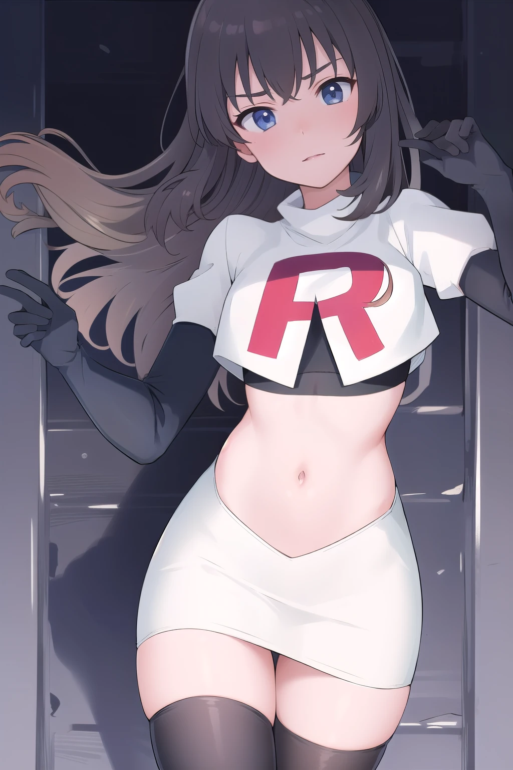 masterpiece, best quality, absurdres, perfect antomy, 1girl, solo, Itsumi Erika, bangs, team rocket,team rocket uniform,white skirt,red letter R,crop top,black thigh-highs,black elbow gloves