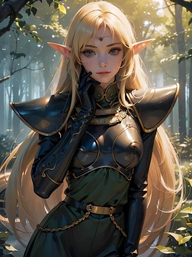 ((masterpiece、Highest quality、Super Fine、High resolution、Genuine、Sharp focus))、3/5 shots、Face Light、((andても繊細で美しい))、Female Elf、Deedlit、Long blonde hair、Round face、Slim figure、Leather Handbags、in the forest、With a thin sword、Fantasy Characters、Audience seats、Detailed hand drawing、Deedlit、Year_Classic_Deedlit_myself、www.myself.and