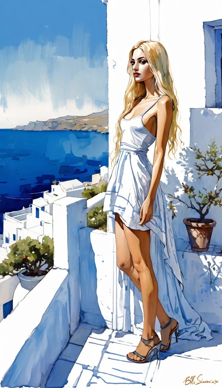 surrealism, very sexy girl, long blonde hair, very small breasts, on a terrace with a beautiful view of a typical Greek village with sea, tmari, sketch, traditional media, pen drawing, white background (art inspired by Bill Sienkiewicz) . oil painting)
