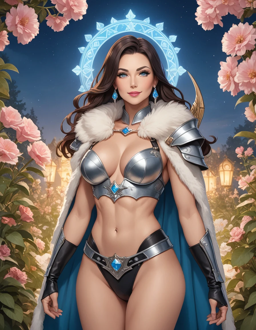 Solo, Score_9, score_8_up, score_7_up, mature woman, athletic hourglass figure, slightly toned, strong legs, long curly dark hair, pink lipstick, eye shadow, wearing metal shoulder armor, fur shoulder cape, fur gloves with leather, brow fur chest wrap, fur armor, furs covering chest, exposed abs, fur waist wrap, bow and arrow on back, posed in front of elegant flower garden , magic runic tattoos with blue glow on abs and upper chest, modest bust, visible arms, portrait image, facing user, smile, loving, barbarian woman.