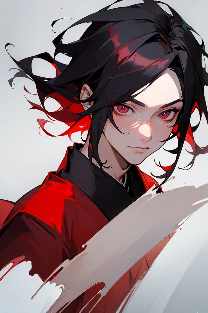 Black hair with red highlights, red eyes, man, soft smile, guy, samurai, wearing black japanese clothes, white background, face, smile, close up
