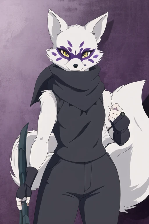 Alopex, arctic fox, furry character, purple mark eyes, tmnt, yellow eyes, 1girl, solo, kunoichi outfits, fox ears, black scarf, fingerless gloves, ninja pants, fox tail, holding twin kunai blade, Masterpiece, Best Quality, Detail,