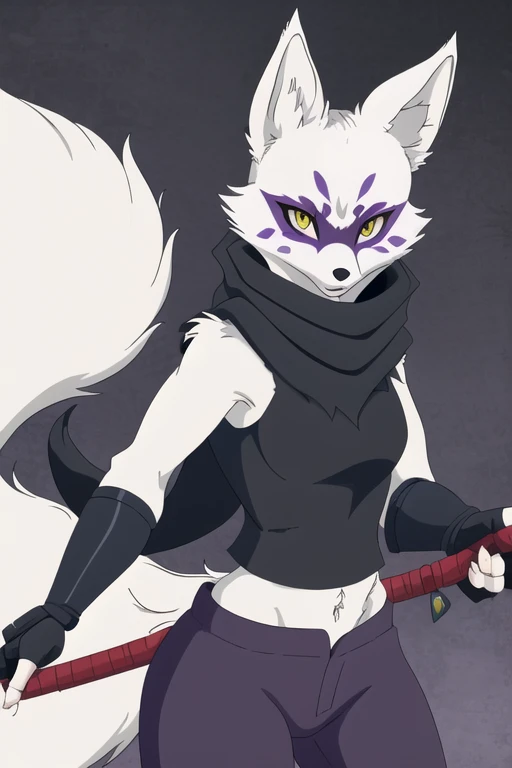 Alopex, arctic fox, furry character, purple mark eyes, tmnt, yellow eyes, 1girl, solo, kunoichi outfits, fox ears, black scarf, fingerless gloves, ninja pants, fox tail, holding twin kunai blade, Masterpiece, Best Quality, Detail, 