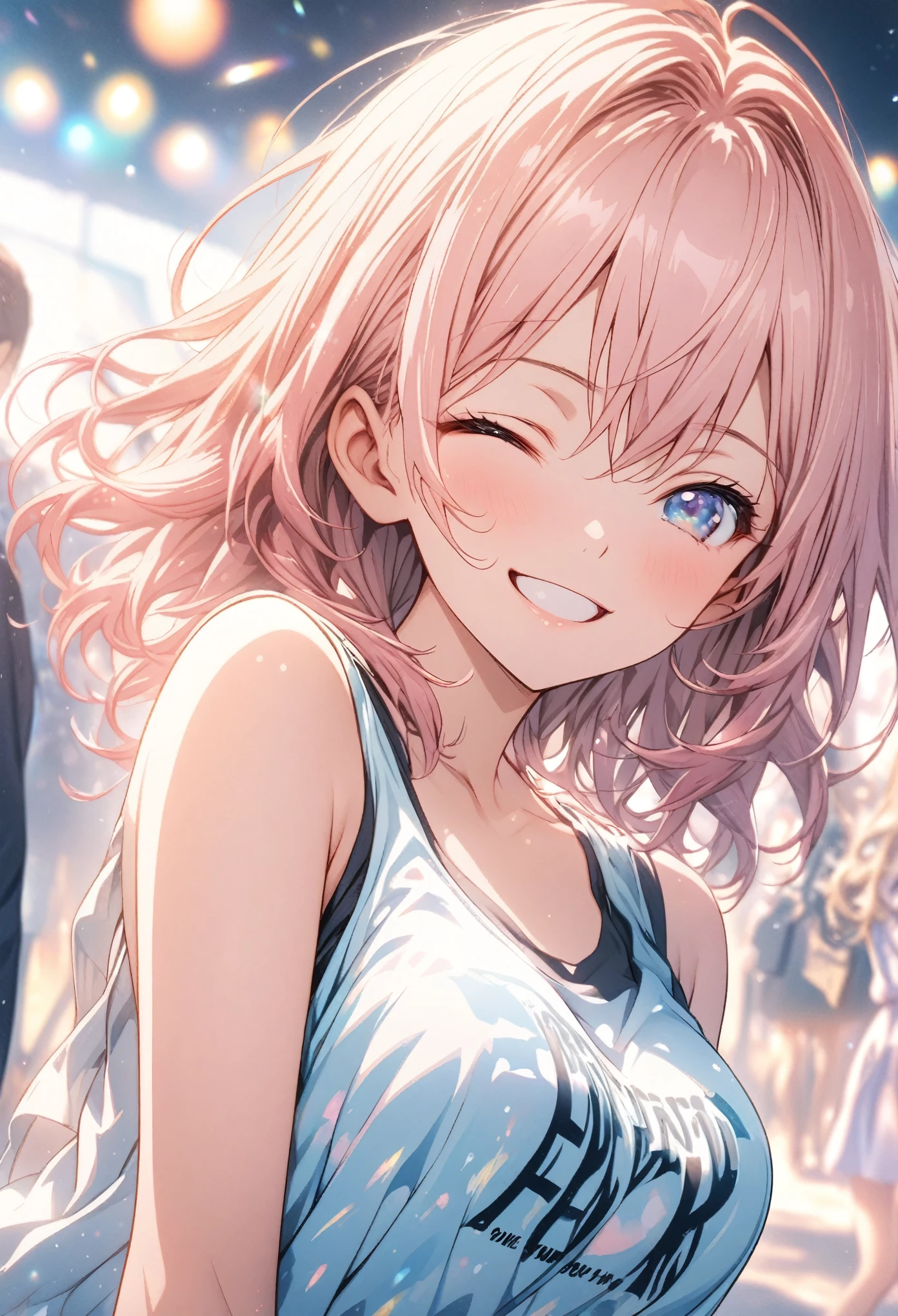 masterpiece, Highest quality, Highly detailed CG Unity 8k wallpaper, High School Girl Anime Illustration. Wear an oversized tank top、she holds a sign that says, "Thank you for everything," in black text, she has her eyes closed and mouth open, smile. The background is a light pastel colored landscape., Pink hair color, blue eyes, Bokeh, (Soft Focus):1.2, Out of focus highlights, Dreamy atmosphere, Glowing circle, Fascinating Depth, The background is also realistic