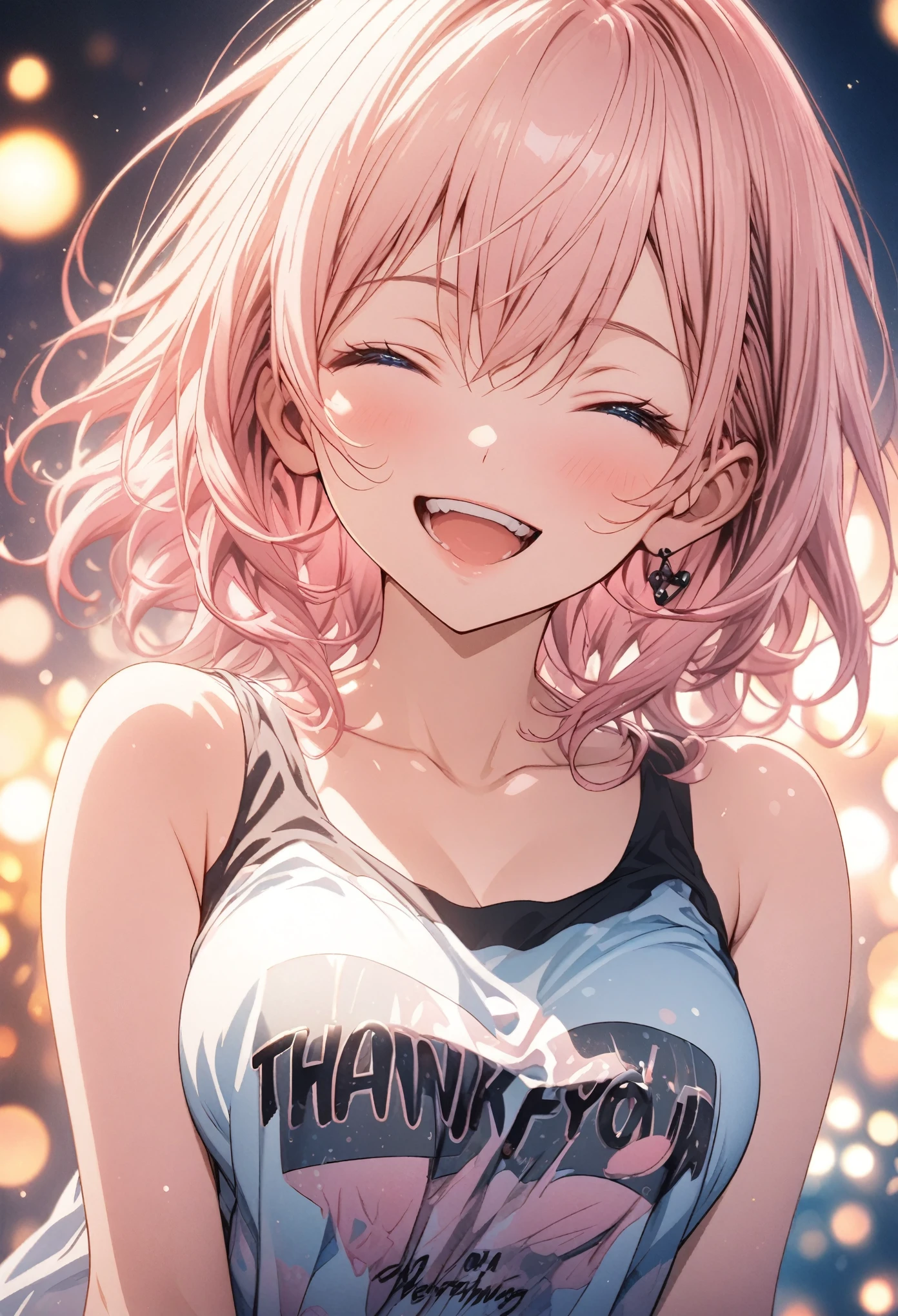 masterpiece, Highest quality, Highly detailed CG Unity 8k wallpaper, High School Girl Anime Illustration. Wear an oversized tank top、she holds a sign that says, "Thank you for everything," in black text, she has her eyes closed and mouth open, smile. The background is a light pastel colored landscape., Pink hair color, blue eyes, Bokeh, (Soft Focus):1.2, Out of focus highlights, Dreamy atmosphere, Glowing circle, Fascinating Depth, The background is also realistic