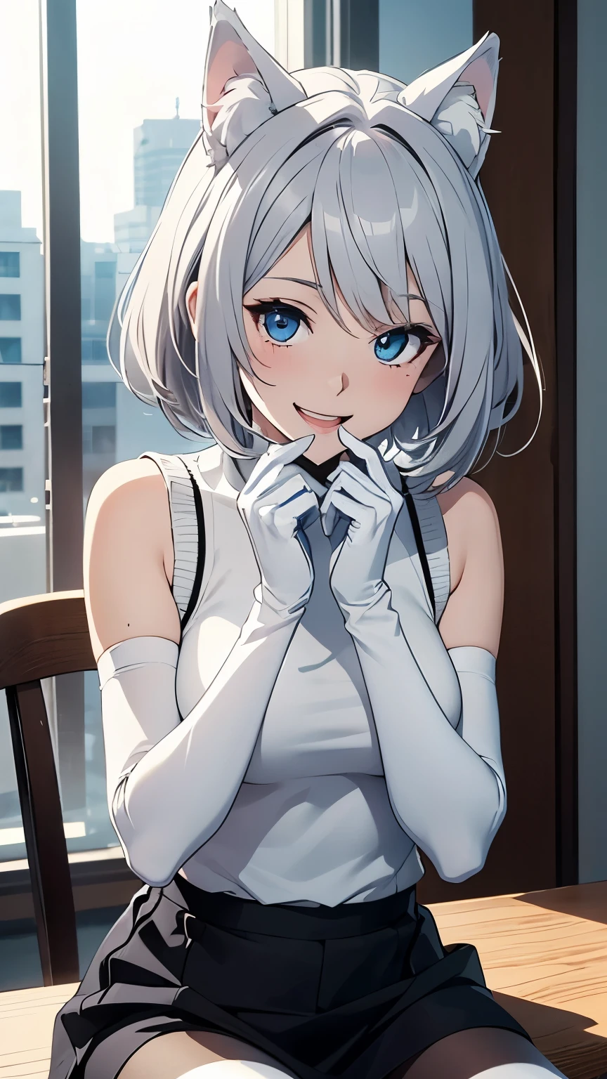 Tabletop　High resolution　Best image quality　8k　 Adult female　Anime Style　White long gloves（Elbow Gloves）　White knit sweater（Sleeveless）　Black Mini Skirt　White pantyhose　White wolf ears　short hair（（Shortcuts）（Gray Hair）（Perm）（fluffy））　blue eyes　Attractive face（（Laughter）（smile）（Open your mouth））　Are standing　Place your hands on your knees　Building district