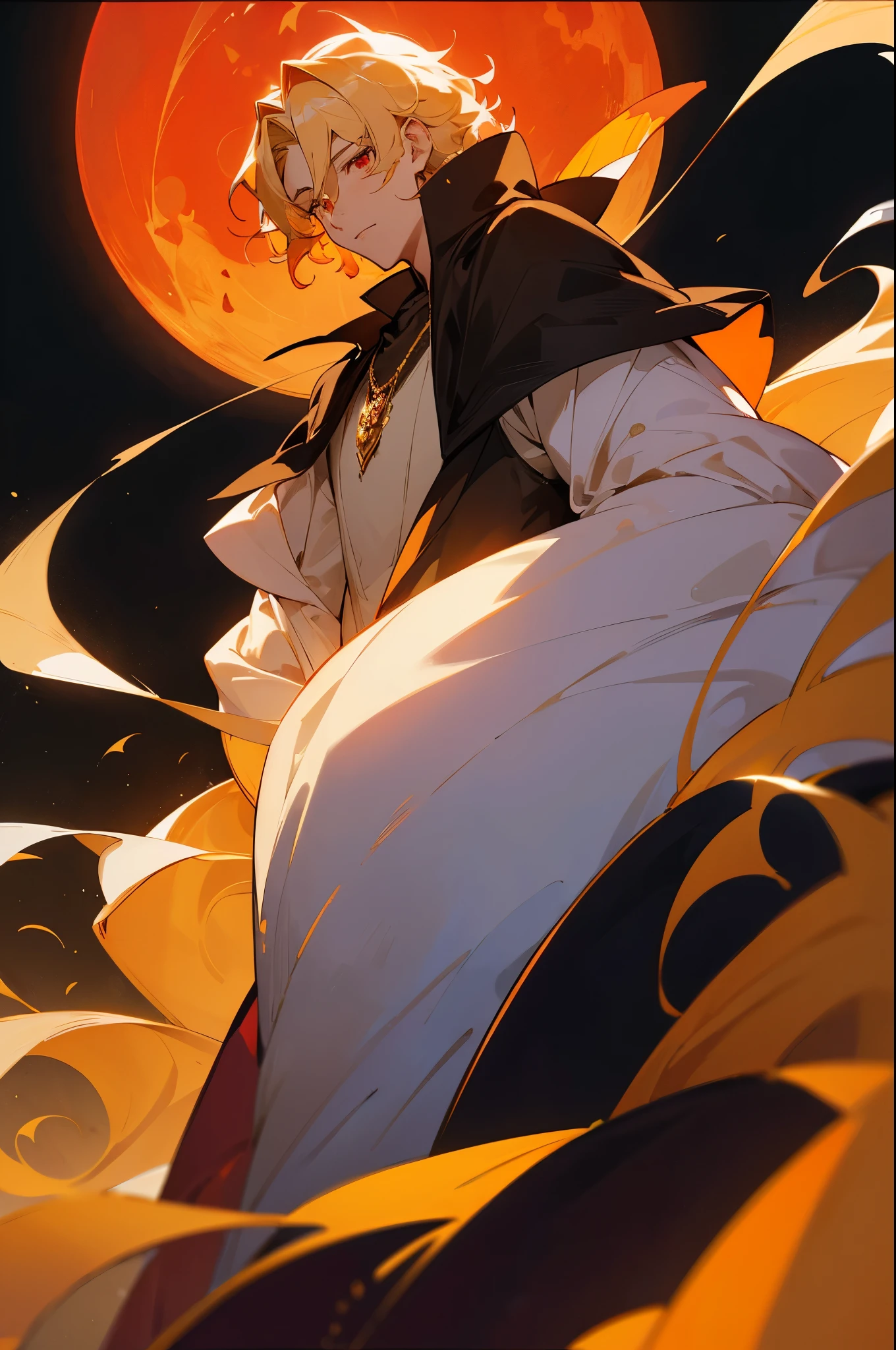 Boy with short wheat-colored hair, amber-honey eyes, a noble and mature appearance, wearing white armor covered by a black cloak. The hair is short and wavy, with a neutral expression. The character is adorned with a full crescent moon and a waning moon necklace, as well as a red moon amethyst necklace. Anime style ((ONE CHARACTER)), red eyes