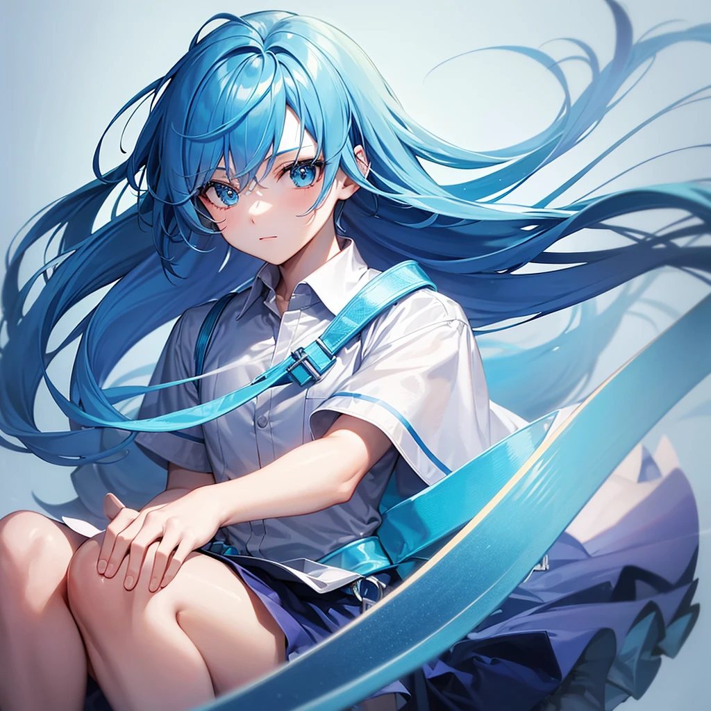 Highest quality, High resolution, One boy, Blue Hair/Light blue hair, Highlight color hairstyle, Diagonal bangs, Hair in the eyes, Simple Background, anime,