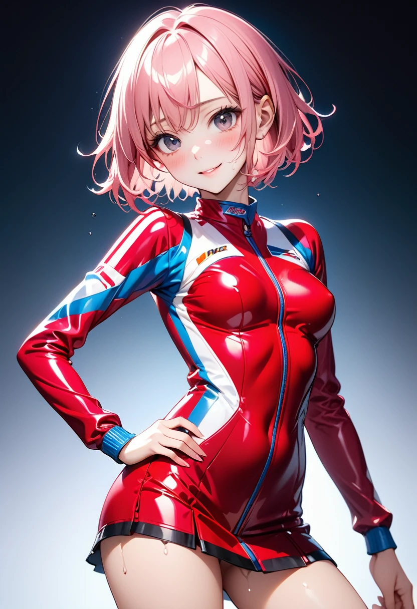 (((Racer suit, skirt))), ((Very shiny outfit)), skindentation, skinny, solo, 1 woman, Masterpiece, highest quality, highest quality, 16K, incredibly absurd, highly detailed, 2.5D, ai-generated, delicate and dynamic, very delicate facial expressions, delicate eye depiction, erotic, only sexy woman, ((A cute and kind face)), healthy figure, ((25-year-old woman)), 160cm tall, ((medium firm swaying bust)), medium breasts, (short hair), (pink hair:1.5), bob cut, black eye, blush, Sweat,Embarrassed,sexy, ((thin thighs)), (camel toe:0.7), (visible nipples:0.5), (Erect nipples,:0.7), shiny and lustrous, facing straight at viewer,  smile, ((Oily_skin)), dark skin, ((standing)), ((arm at side)), ((erotic pose)),